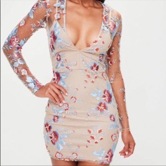 Missguided Dresses & Skirts - Missguided Sheer Embroidered Floral Bodycon Dress